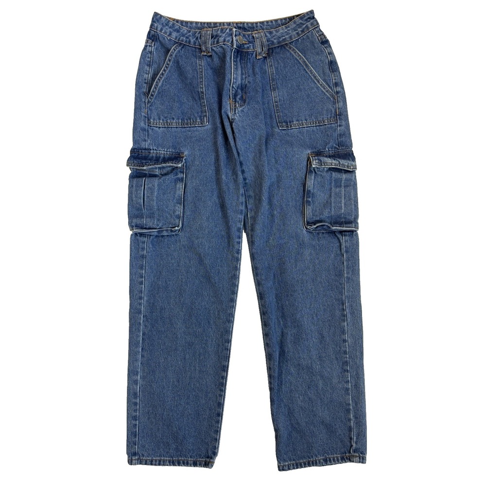 Women's Med Wide Leg Cargo Blue Jeans Urban Streetwear Skater Y2K Grunge